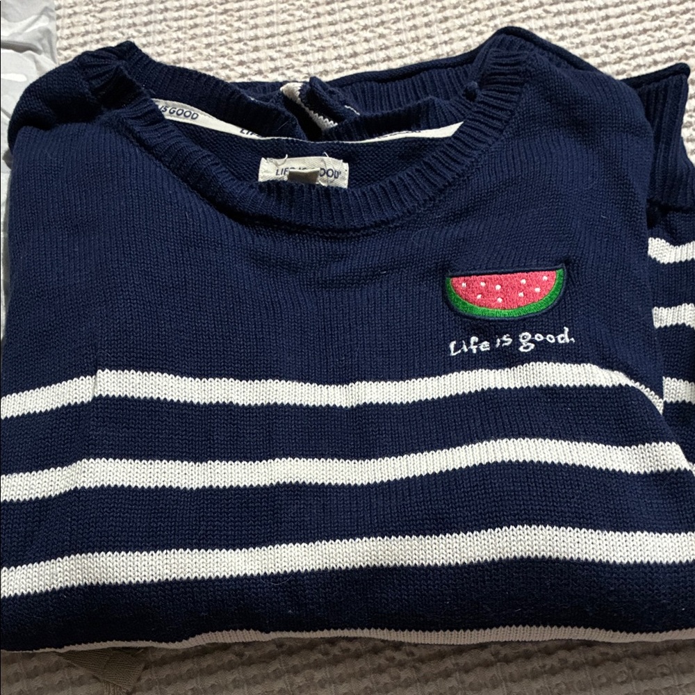 Life Is Good Navy & White Striped Kids Sweater with Watermelon Patch